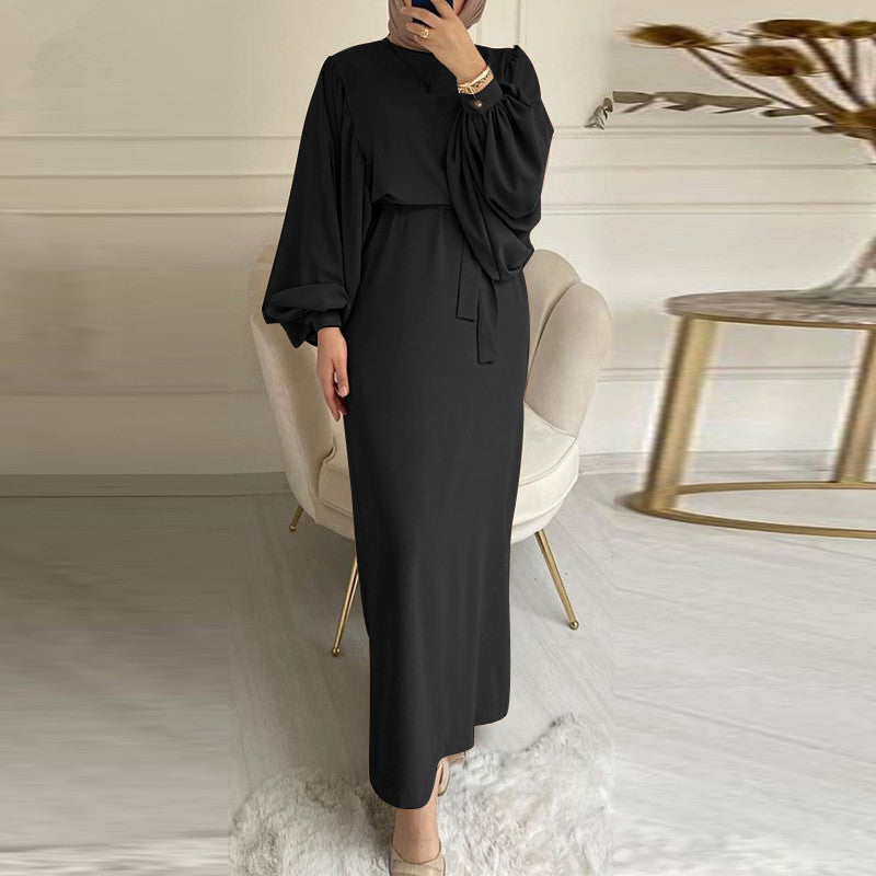 Long-sleeved solid-color sun dress