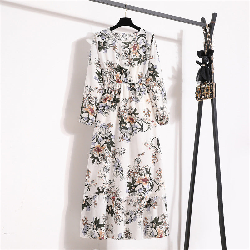 Crewneck Base Skirt Waist Slim Long Dress