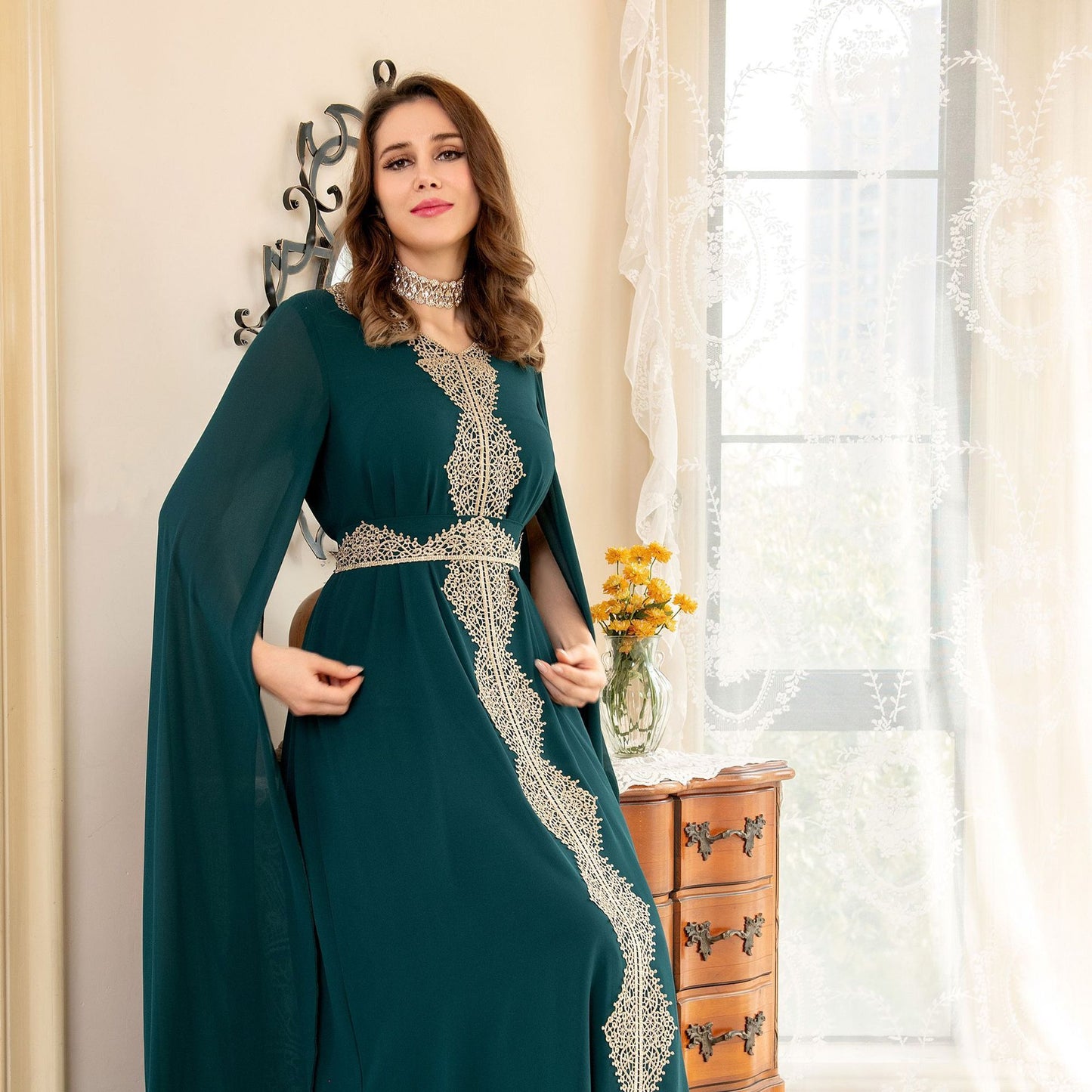 Cape Sleeve Lace Chiffon  Batwing Sleeve Dress